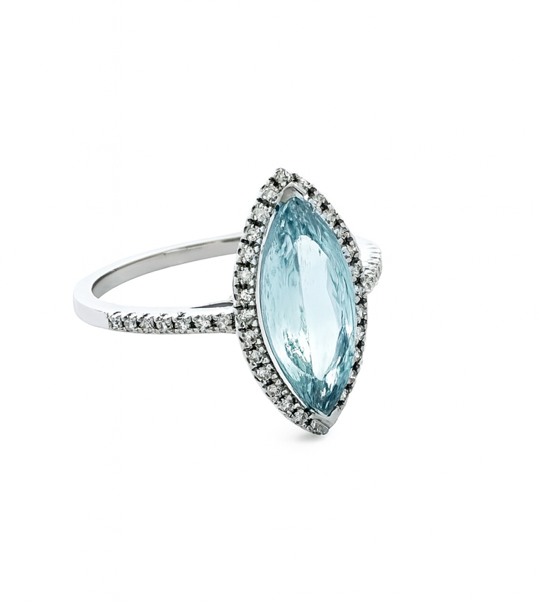 Anillo Topacio azul Corte Marquesa, Oro blanco 18K