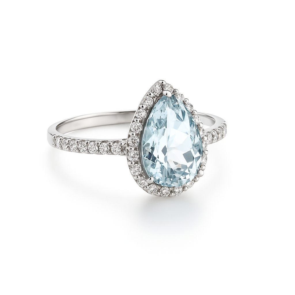 Anillo Agua marina Corte Lágrima, Oro blanco 18K