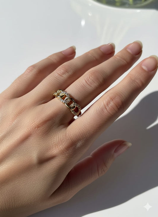 Anillo Oro 18K Eslabones cadena con zirconia