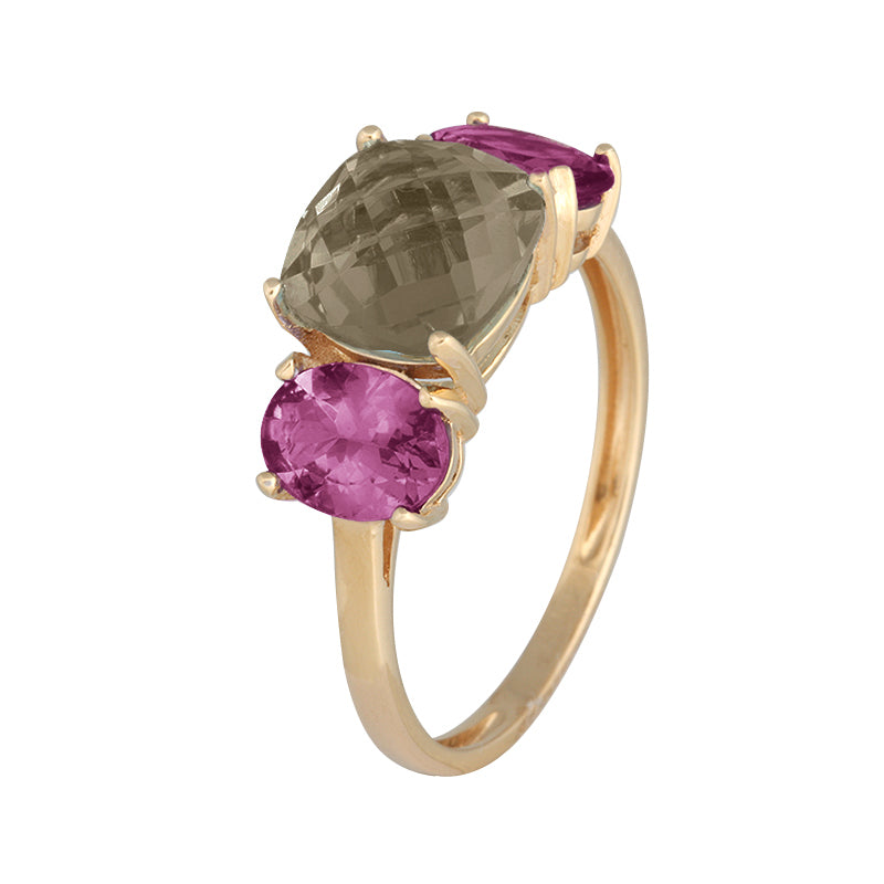 Anillo Oro amarillo Cuarzo Fume Antic y Topacios