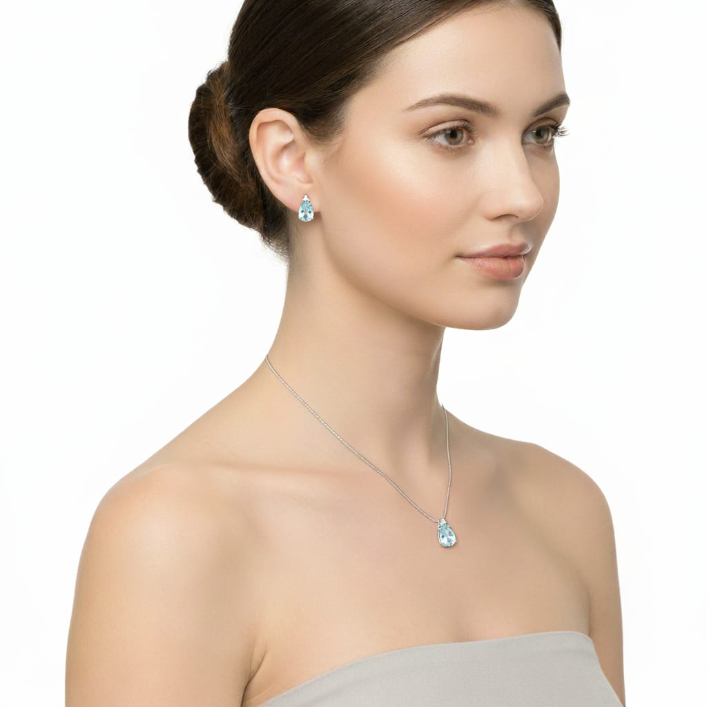 Collar Oro Blanco 18 Kilates, colgante de Agua Marina y Brillantes - Collar Oro 18k