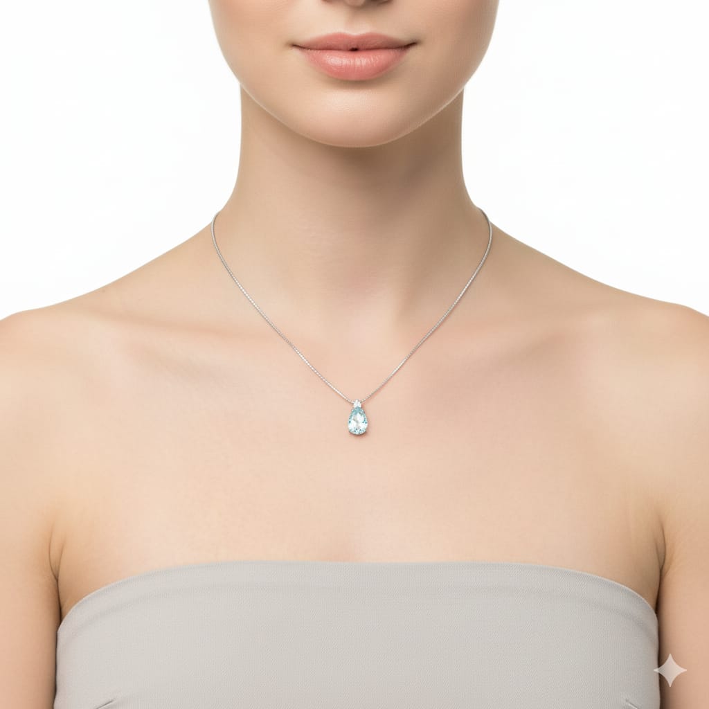 Collar Oro Blanco 18 Kilates, colgante de Agua Marina y Brillantes - Collar Oro 18k