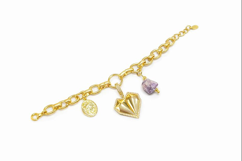 Pulsera Corazón Amatista - Pulsera Bañada en Oro