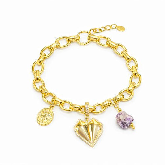Pulsera Corazón Amatista - Pulsera Bañada en Oro