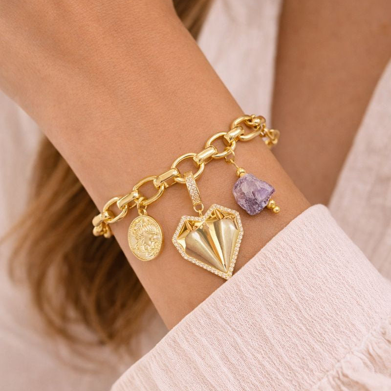 Pulsera Corazón Amatista - Pulsera Bañada en Oro
