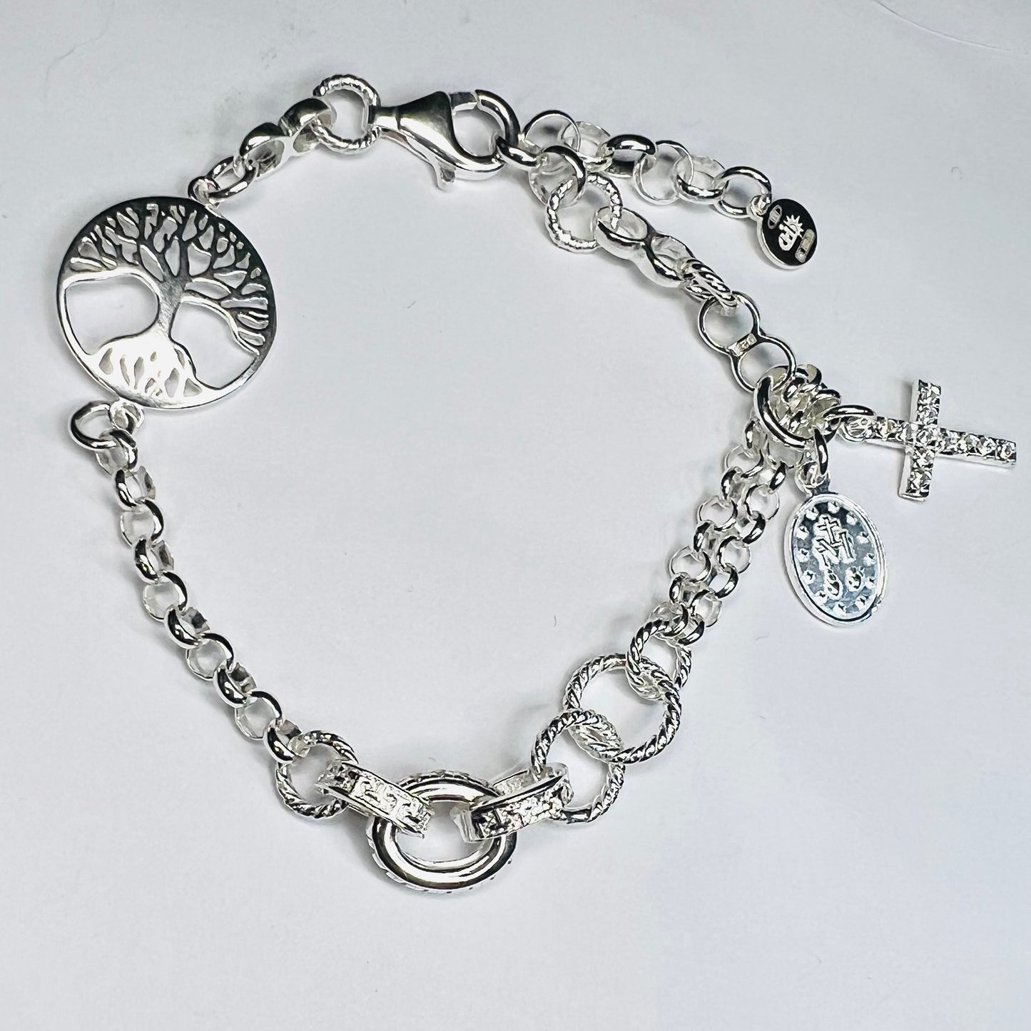 Pulsera Plata Arbol de la vida, Cruz, Virgen de los rayos