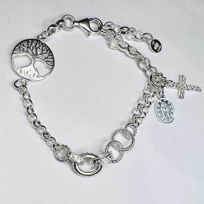 Pulsera Plata Arbol de la vida, Cruz, Virgen de los rayos