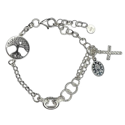 Pulsera Plata Arbol de la vida, Cruz, Virgen de los rayos