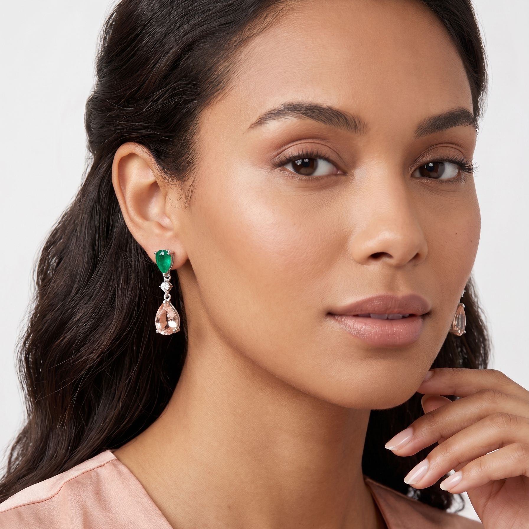 Aros Gota de Esmeralda & Morganita - Aros Oro 18K