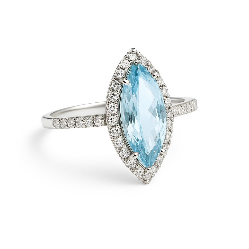 Anillo Topacio azul Corte Marquesa, Oro blanco 18K