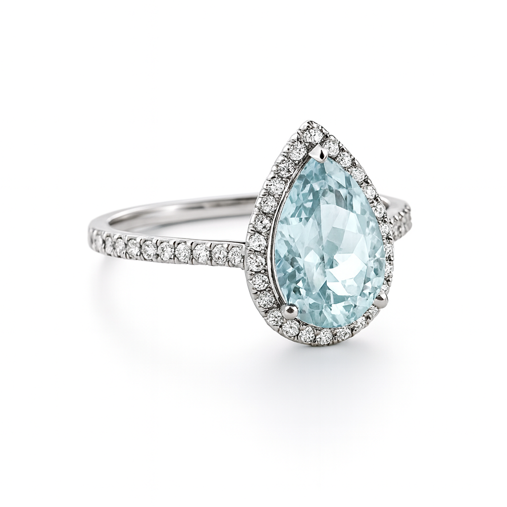 Anillo Agua marina Corte Lágrima, Oro blanco 18K