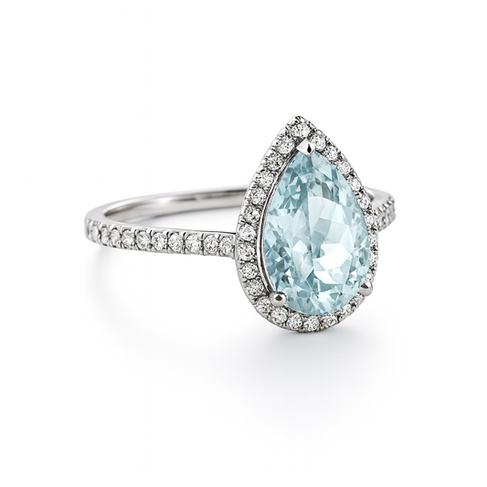 Anillo Agua marina Corte Lágrima, Oro blanco 18K