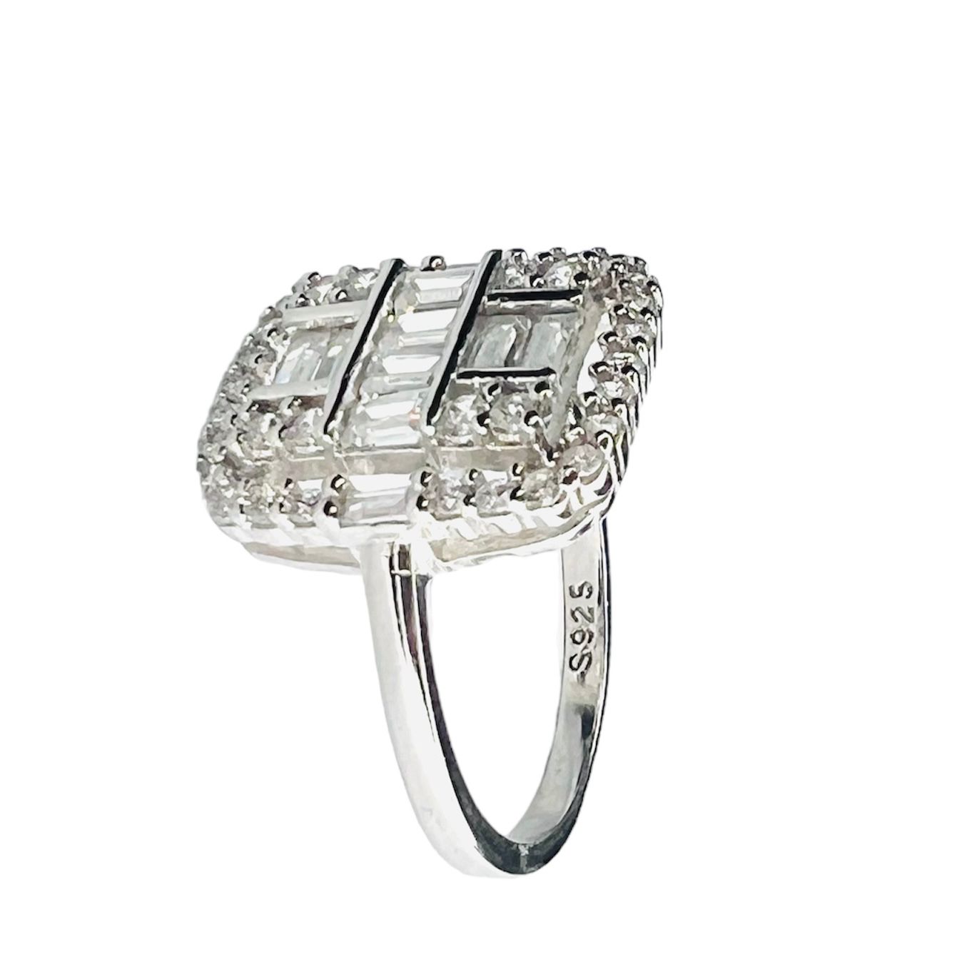 Anillo plata 925, Vintage, zirconias blancas, redondas y baguette distintas direcciones