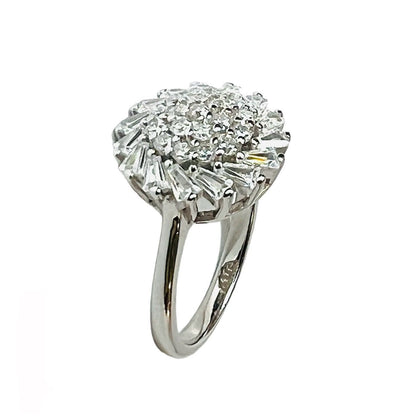 Anillo plata 925, Vintage, ovalado, zirconias blancas, redondas y baguette distintas direcciones, modelo Girasol