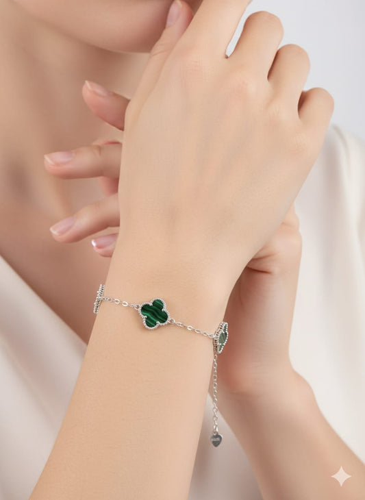 Pulsera Plata 925 Trébol cuatro hojas verde