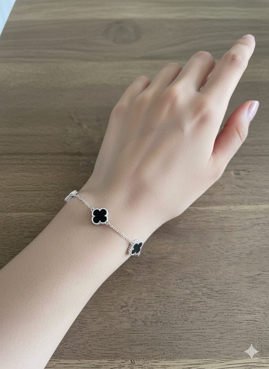 Pulsera Plata 925 Trébol cuatro hojas Negro