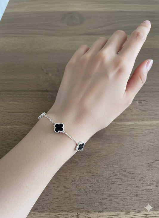 Pulsera Plata 925 Trébol cuatro hojas Negro