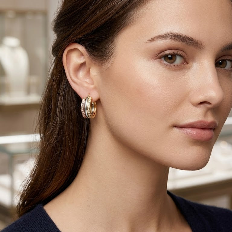 Aros Argollas Tricolor Pavé - Aros Oro Italiano 18K